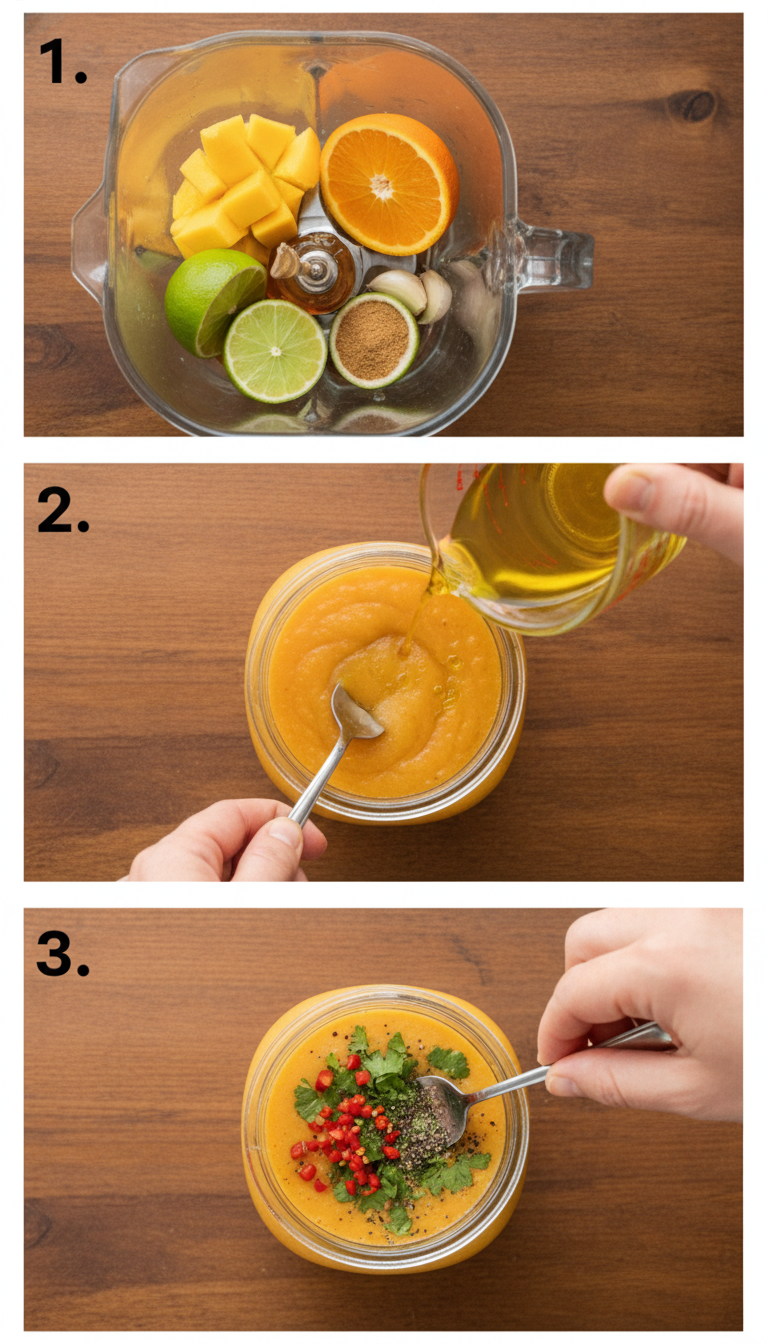 Step by step process of making sweet and spicy mango salad dressing showing blending, mixing and final storage