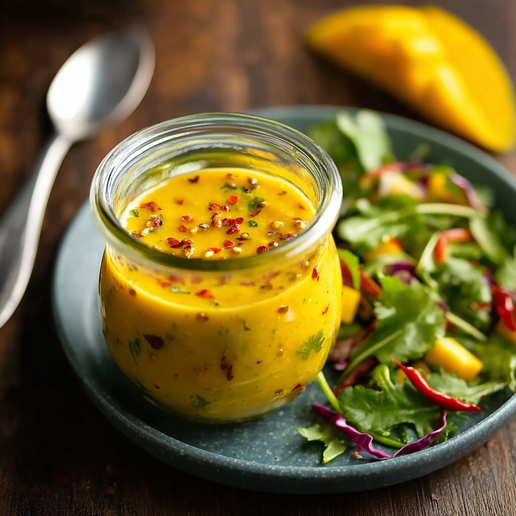 Beautiful finished sweet and spicy mango salad dressing in a glass jar with fresh salad ingredients arranged around it