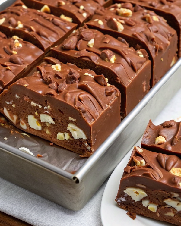 Perfect squares of Toll House Famous Fudge arranged on a white serving plate, showing the smooth chocolate texture with visible pecan pieces