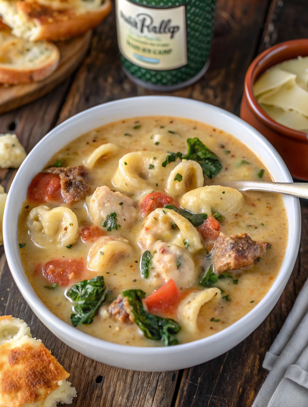 Beautifully plated Tortellini Soup with Italian Sausage and Kale in an elegant white bowl with artistic garnish placement