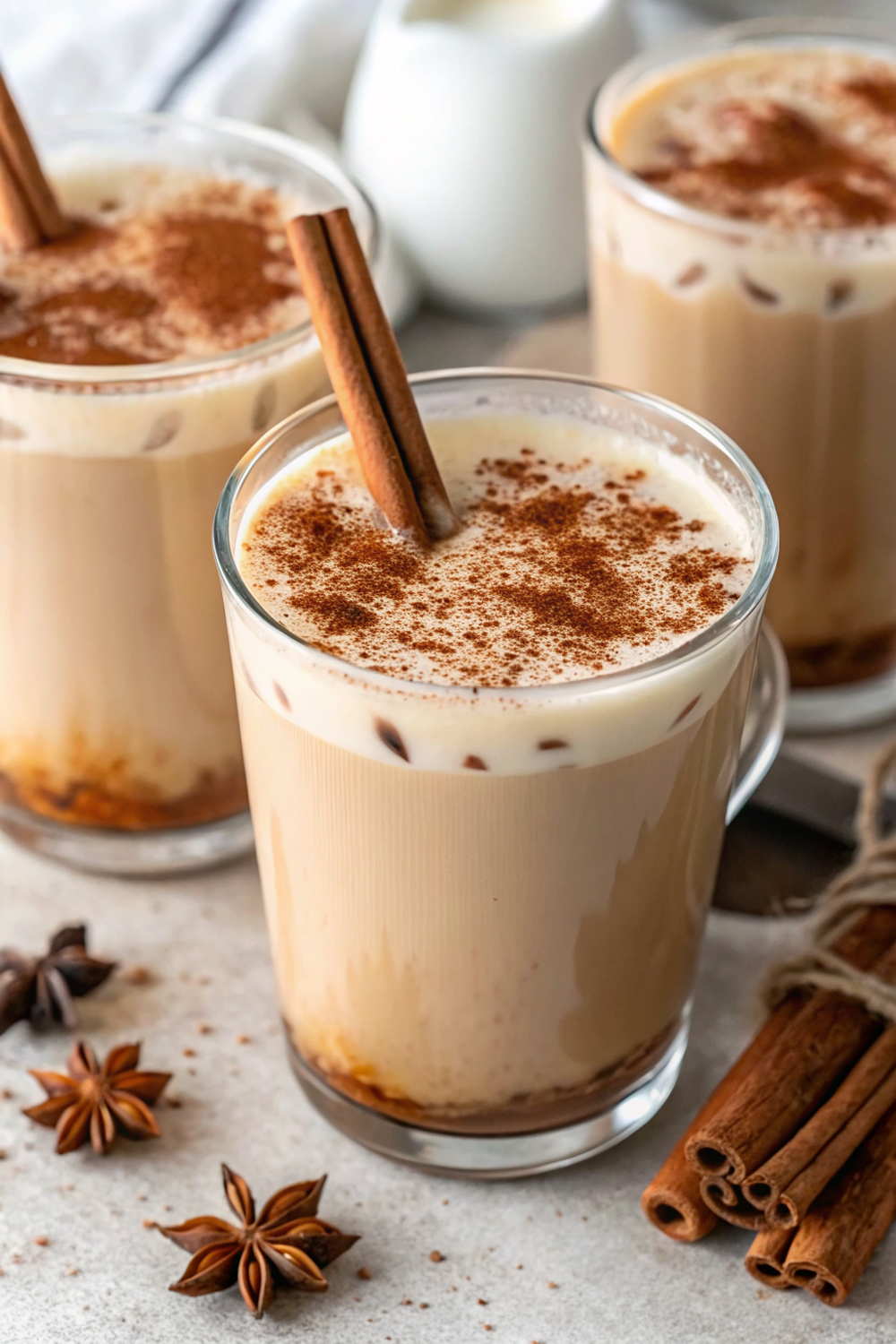 Two steaming mugs of vanilla cinnamon milk tea garnished with cinnamon sticks on a cozy wooden table with soft lighting