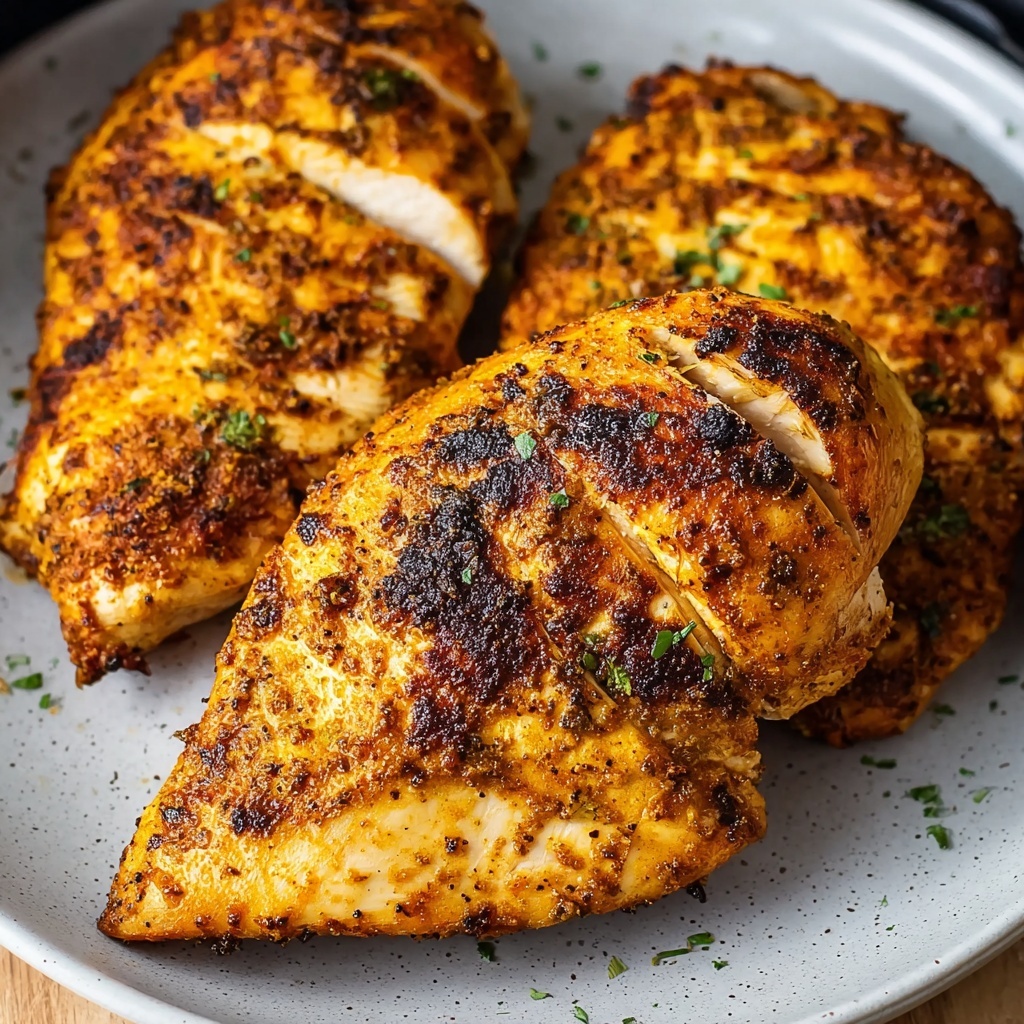Golden brown air fryer chicken breasts sliced and plated with fresh herbs, showing the juicy interior and crispy exterior