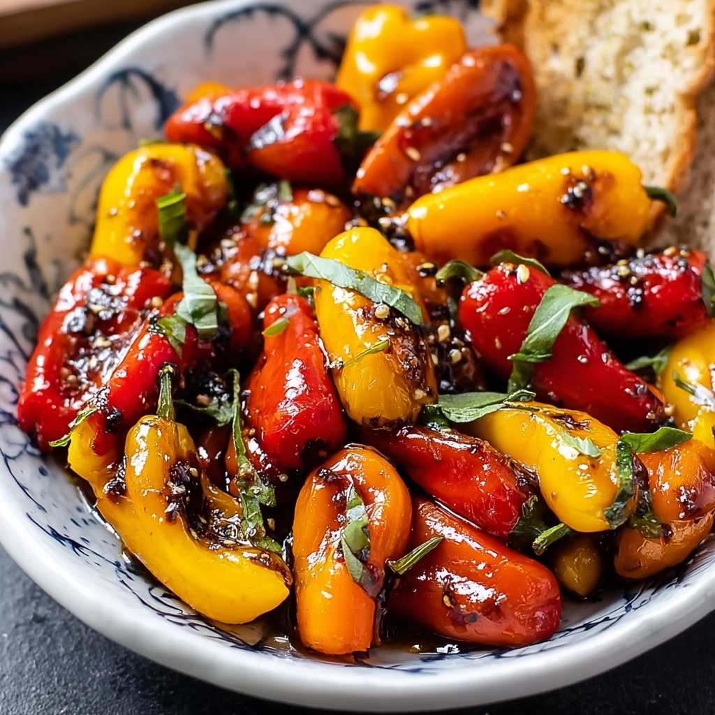 Beautiful platter of golden-brown balsamic roasted mini peppers garnished with fresh basil, ready to serve