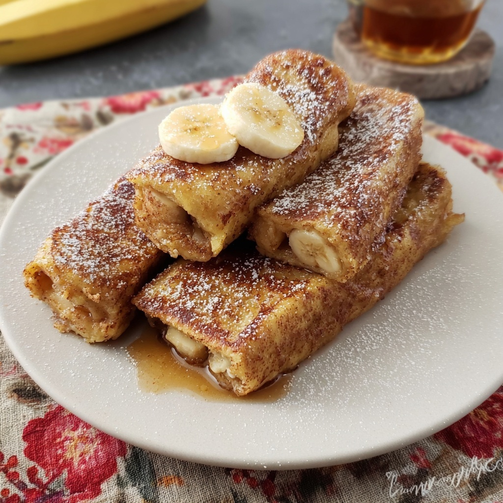 Perfectly golden Banana Bread French Toast plated elegantly with fresh berries and maple syrup drizzle