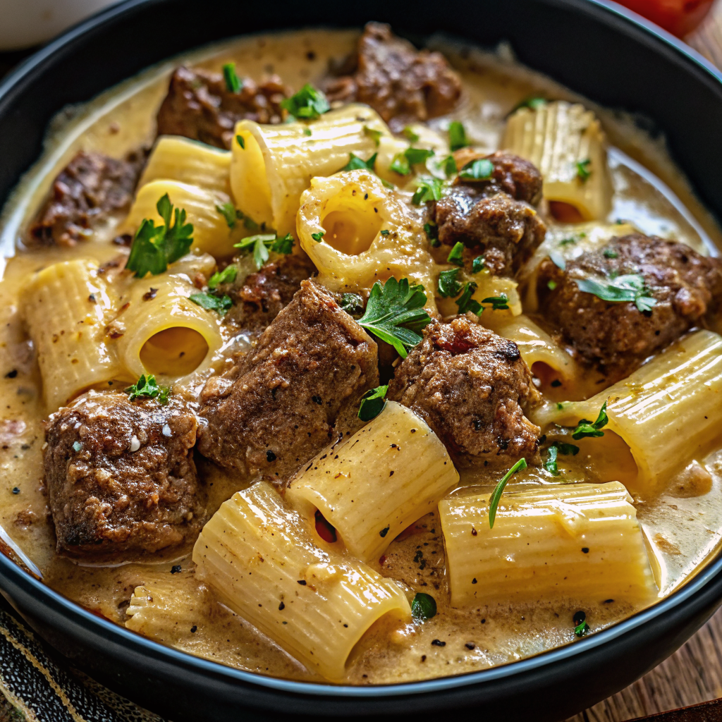Beautiful finished dish of beef with pasta in creamy garlic sauce garnished with fresh herbs and served in an elegant bowl