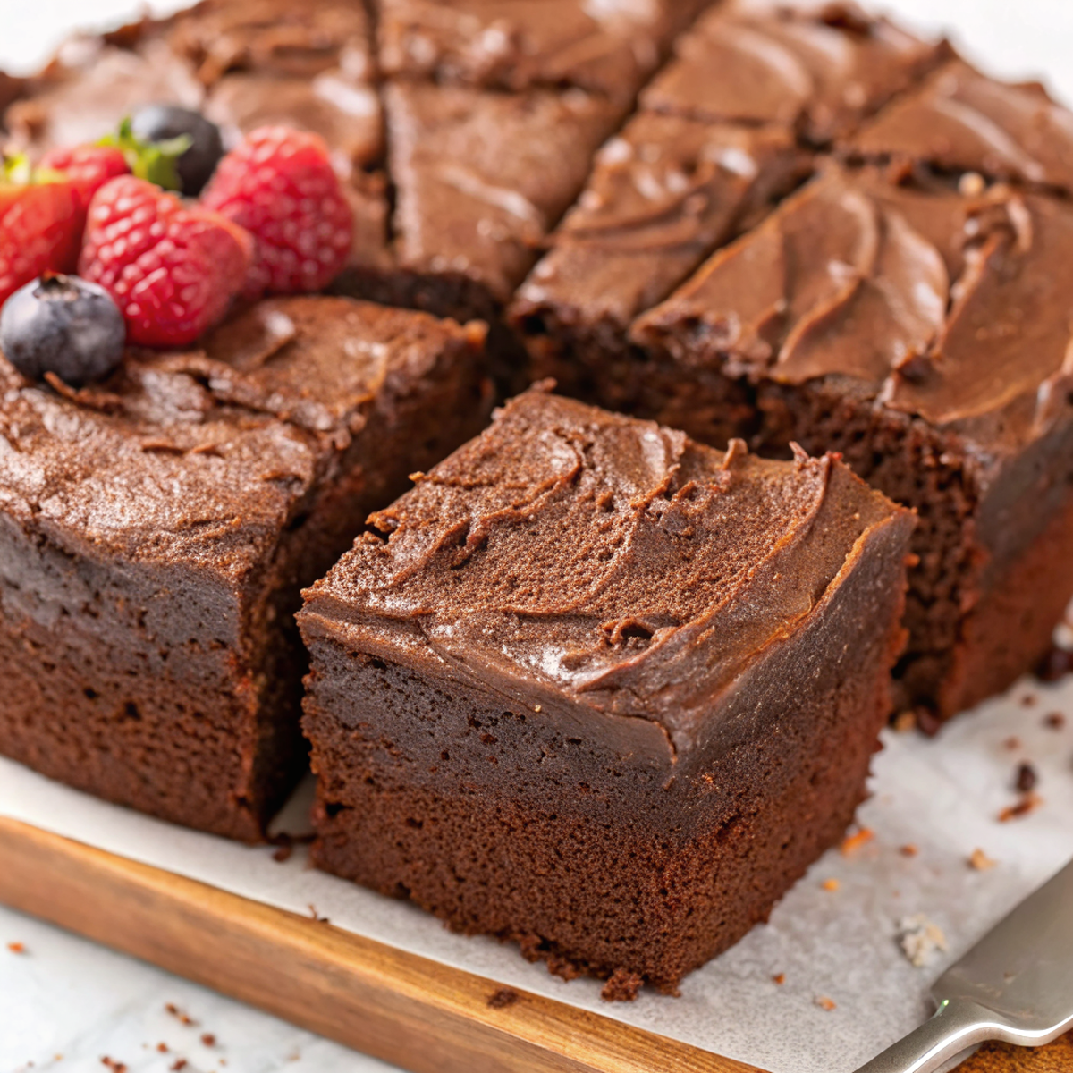Finished chocolate protein cake with rich date frosting, sliced to show moist interior, garnished with fresh berries