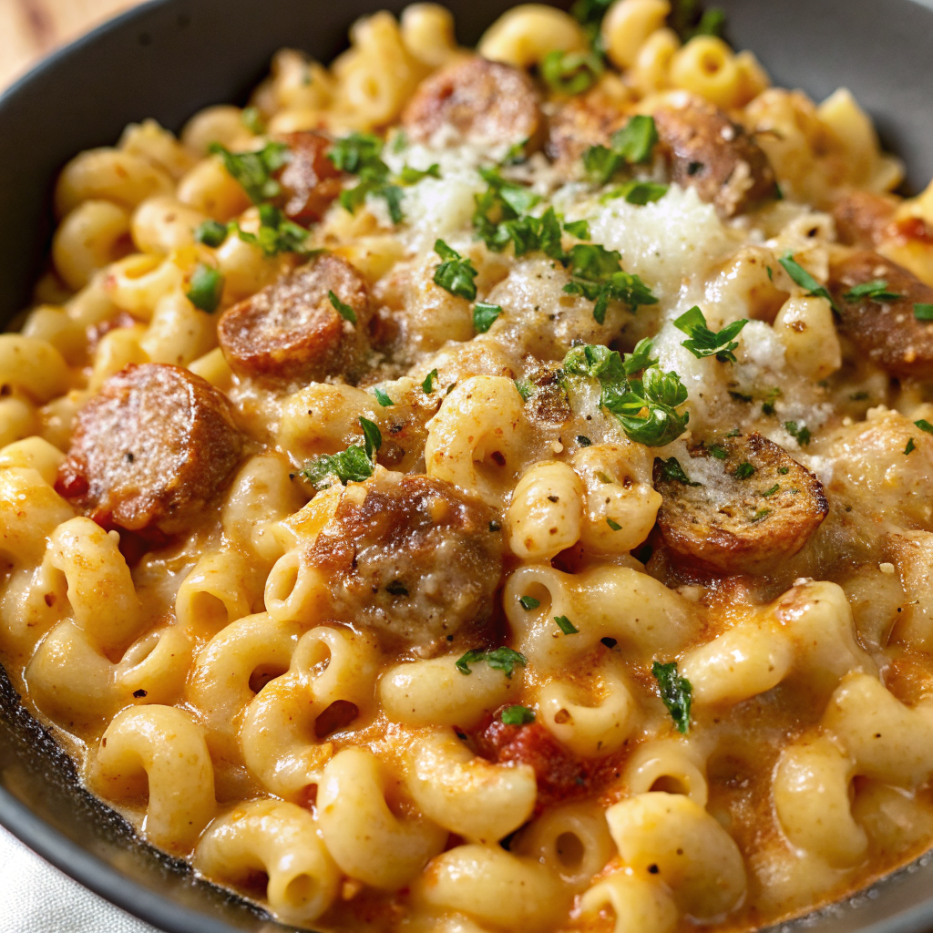 Final plated creamy marry me ditalini sausage pasta garnished with fresh herbs and parmesan