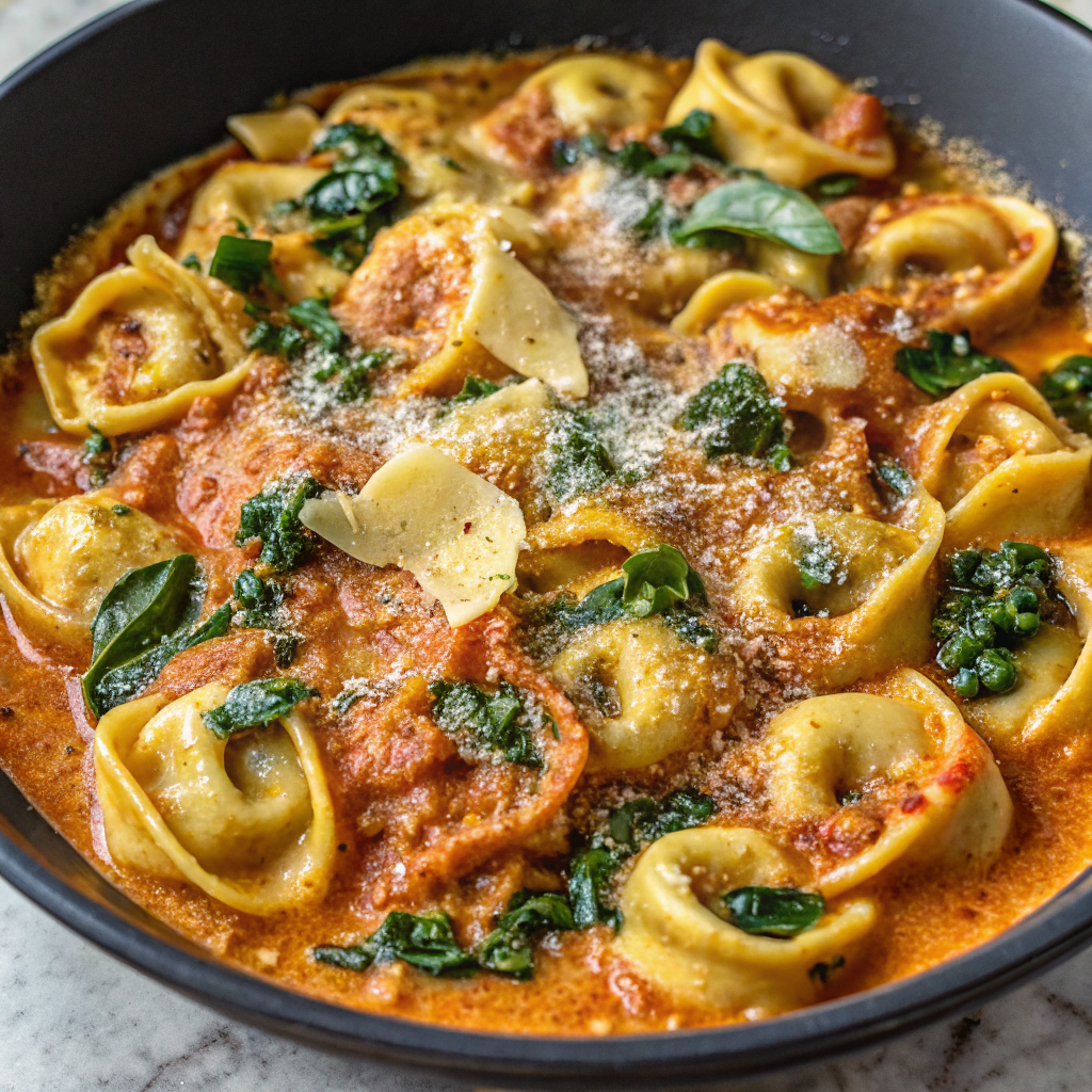 Final plated Creamy Spinach Tomato Tortellini Recipe showing perfect color contrast and professional presentation