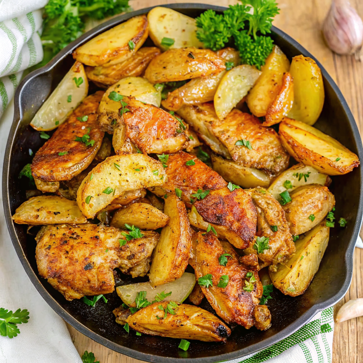 Finished Garlic Butter Chicken and Potatoes served in a cast iron skillet with fresh parsley garnish