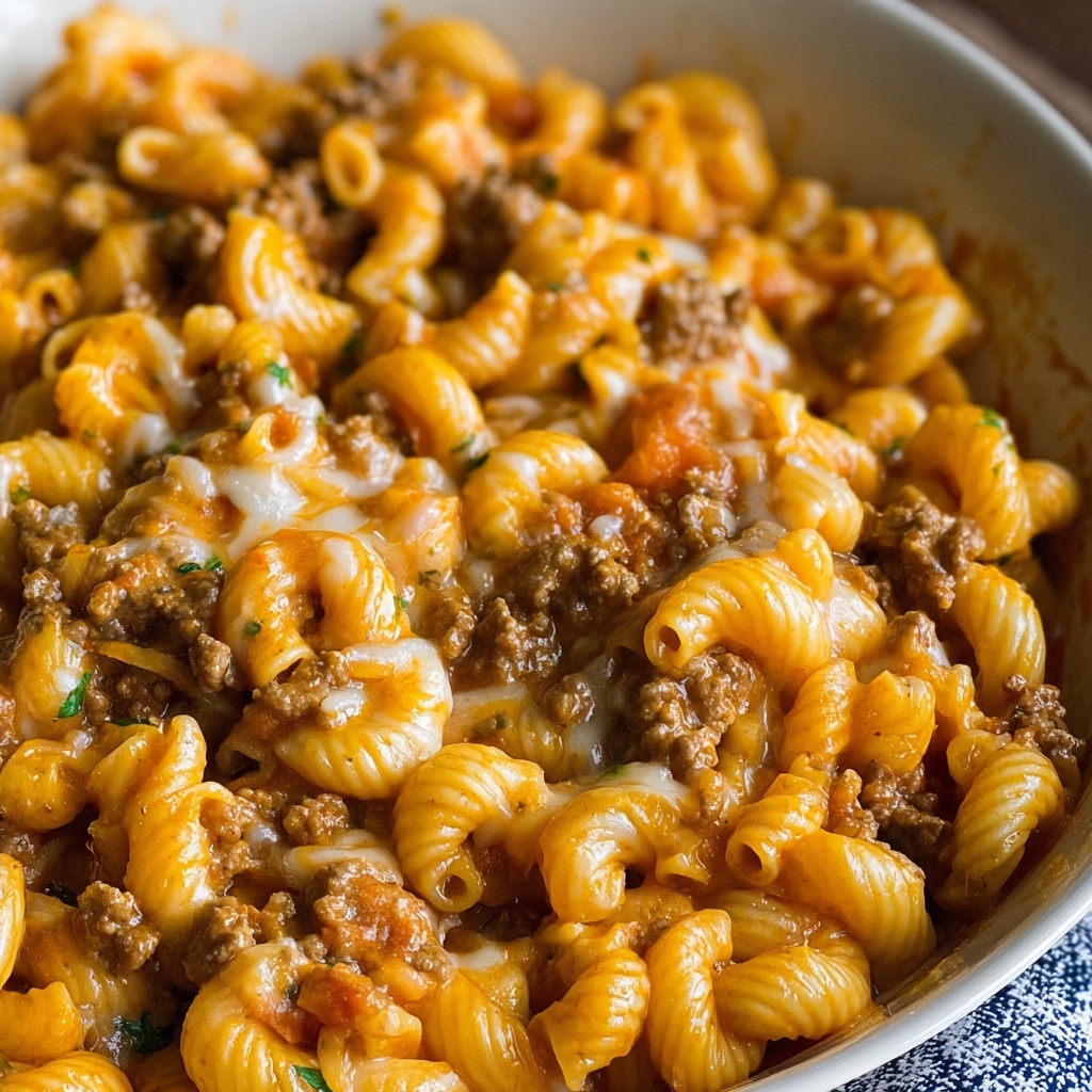 A steaming bowl of homemade hamburger helper with melted cheese and perfectly cooked pasta shells, garnished with fresh herbs