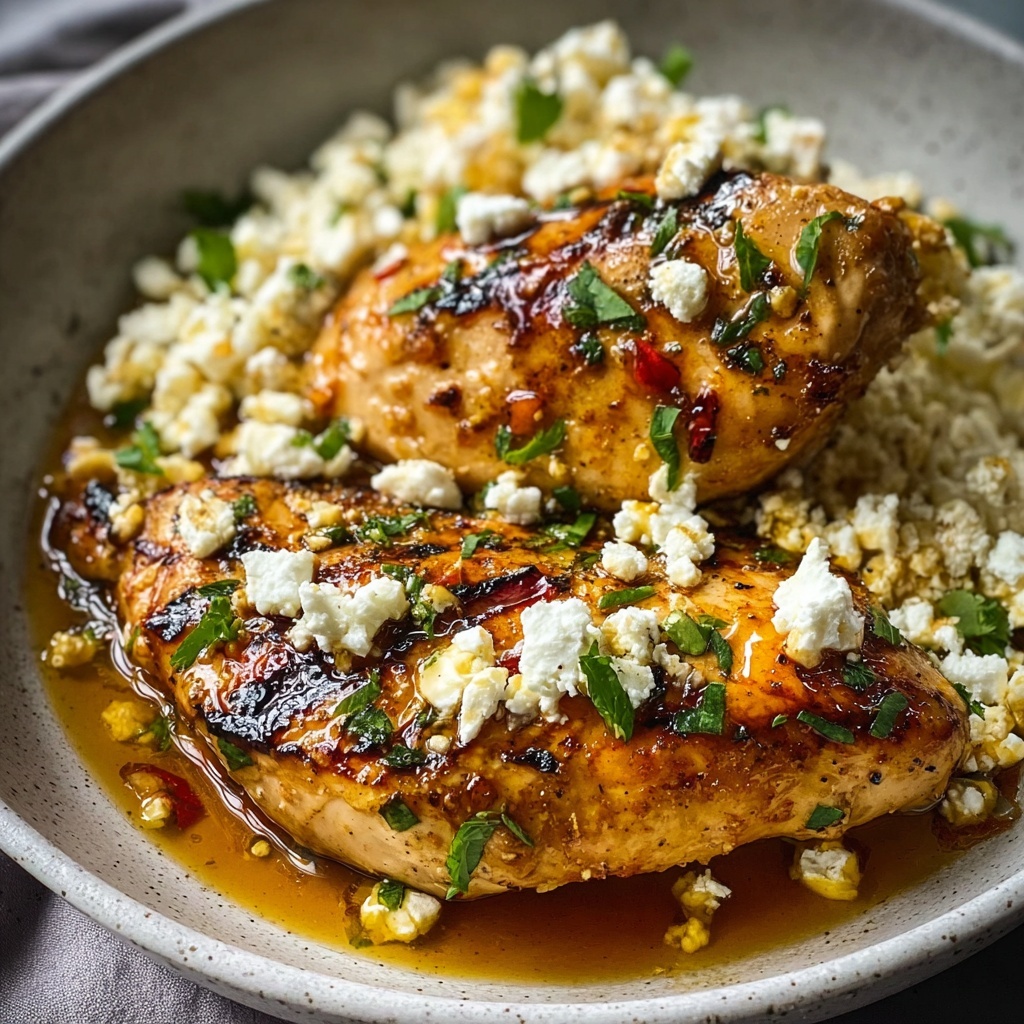 Beautifully plated hot honey feta chicken dish with golden bubbly cheese topping, fresh parsley garnish, and lemon wedges on an elegant white serving platter