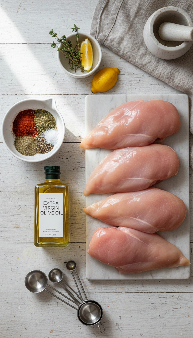 Fresh ingredients for air fryer chicken breasts including boneless chicken breasts, olive oil, and aromatic spices arranged on a wooden cutting board