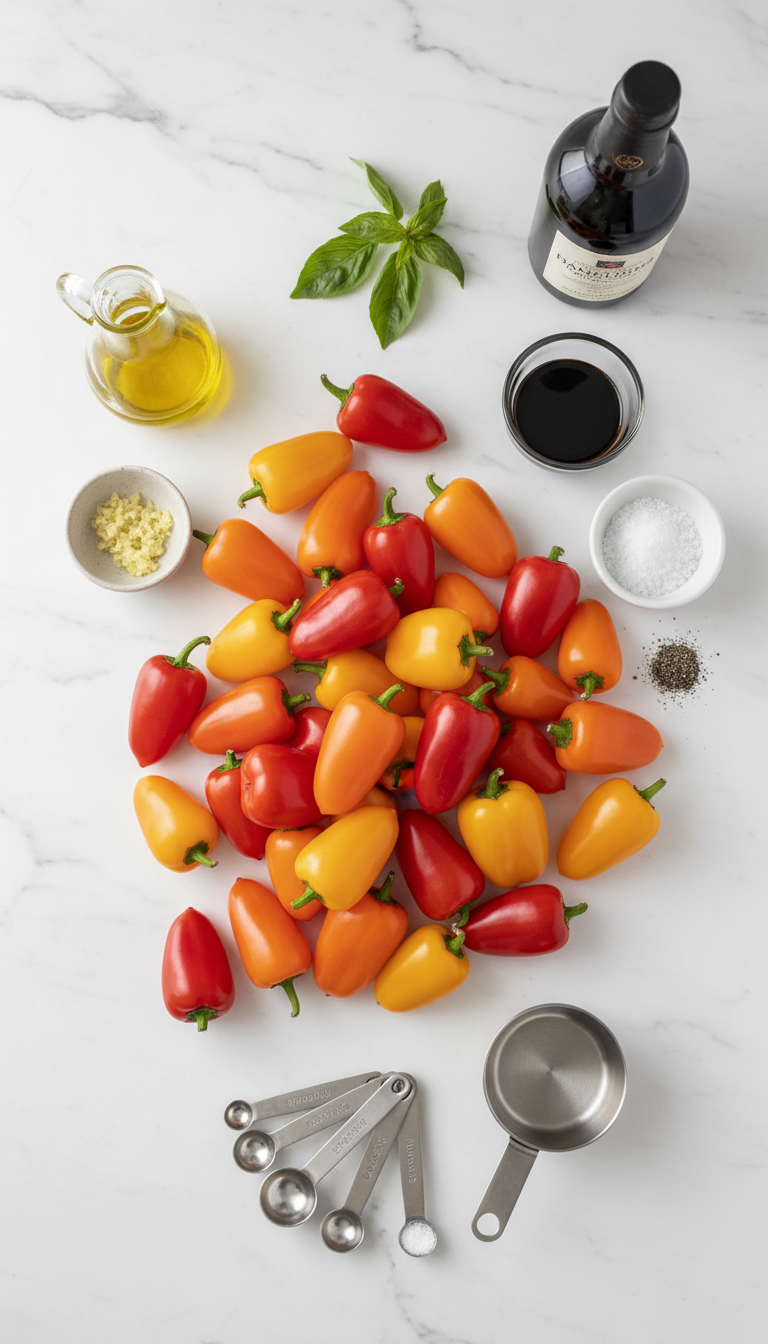 Fresh mini bell peppers, extra virgin olive oil, balsamic vinegar, garlic cloves, salt, pepper, and fresh basil arranged on a wooden cutting board