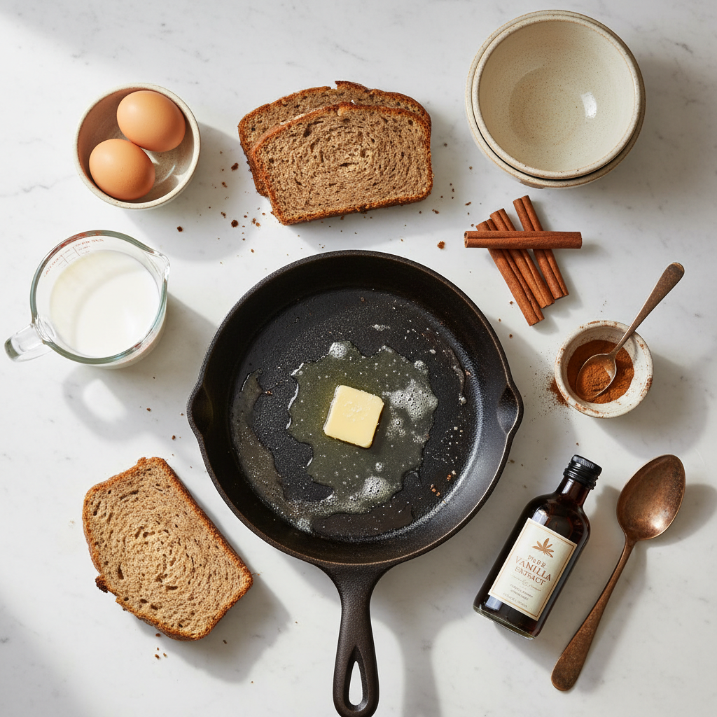 Ingredients for Banana Bread French Toast arranged artistically on marble surface with golden egg yolks, creamy milk, and aromatic spices