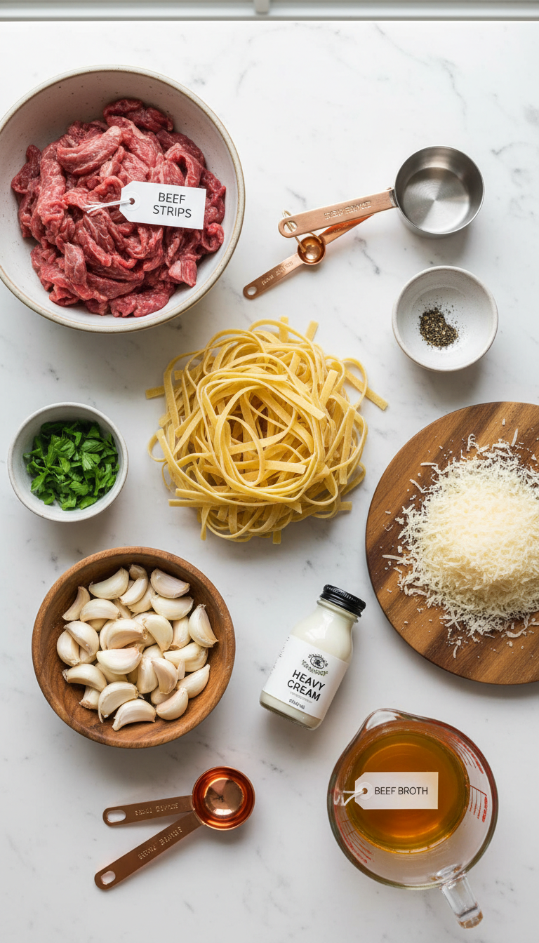 Fresh ingredients laid out for beef with pasta in creamy garlic sauce including sliced beef, pasta, garlic cloves, and cream