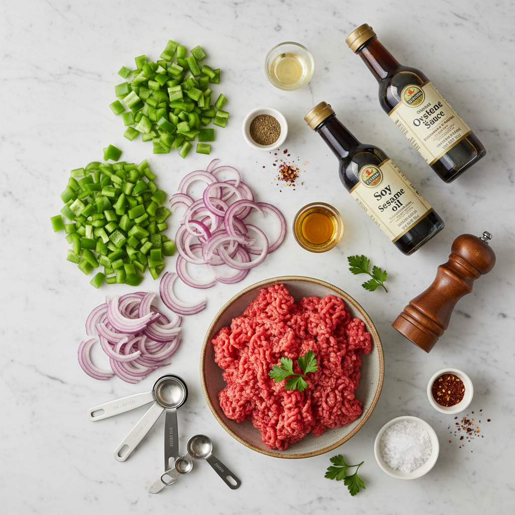 Fresh ingredients for Beef and Peppers Skillet including ground beef, colorful bell peppers, onions, and Asian sauces arranged on a clean kitchen counter