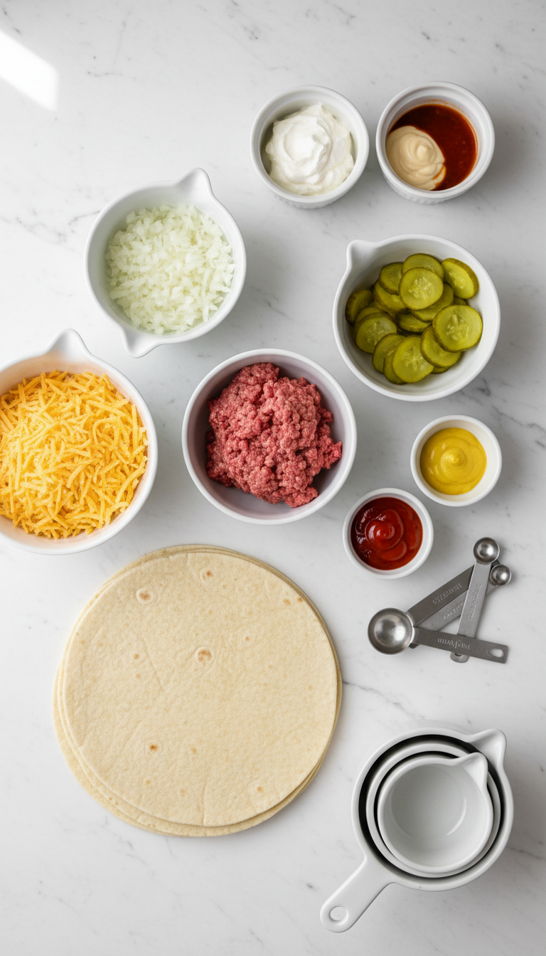 Fresh ingredients for cheeseburger quesadillas including ground beef, cheddar cheese, tortillas, and condiments arranged on a wooden cutting board