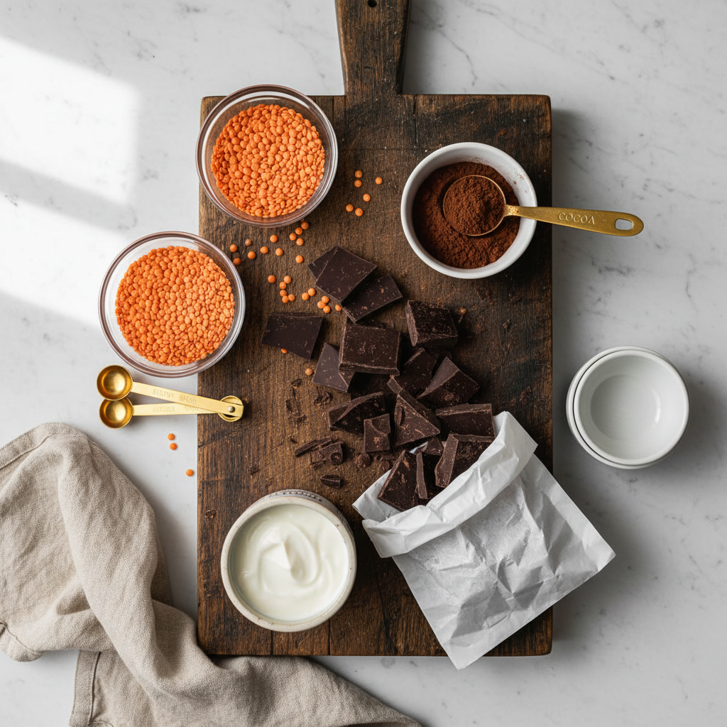 Fresh ingredients for chocolate protein cake including red lentils, cocoa powder, protein powder, and dates arranged on a marble countertop