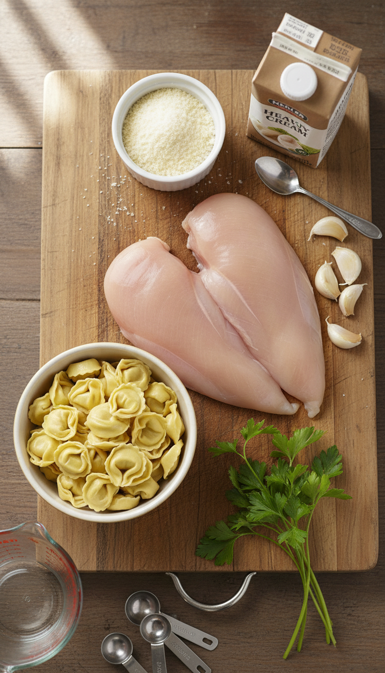 Fresh ingredients for Crockpot Chicken Alfredo Tortellini including chicken breasts, cheese tortellini, heavy cream, and Parmesan cheese arranged on a marble countertop