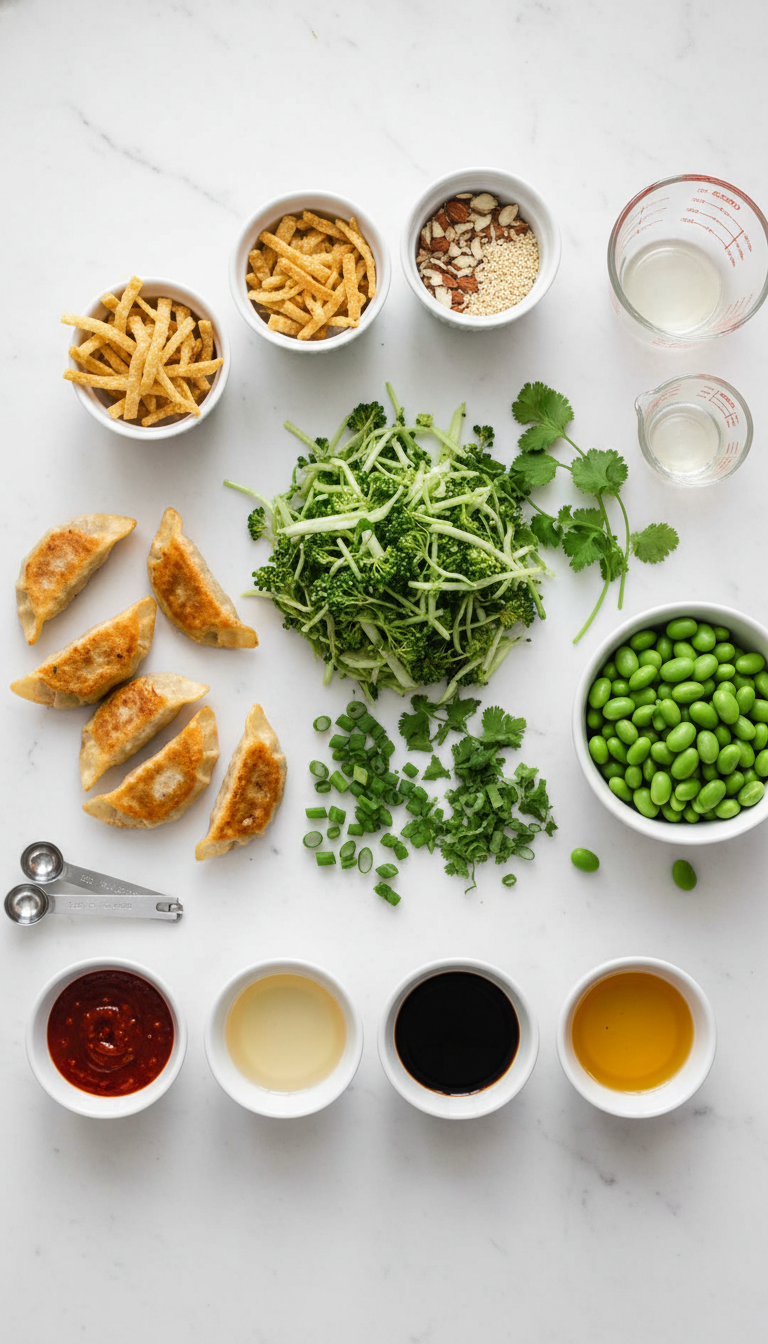 Fresh ingredients for dumpling salad arranged on marble countertop including frozen wontons, edamame, broccoli slaw, and colorful garnishes