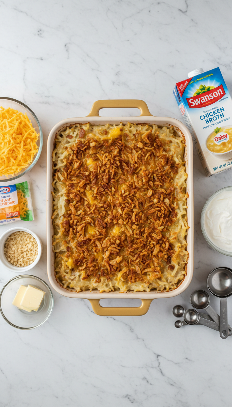 All ingredients for French Onion Funeral Potatoes laid out on a white countertop including frozen hash browns, sharp cheddar cheese, sour cream, butter, onions, and seasonings
