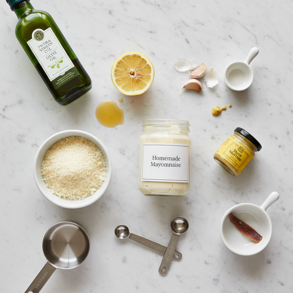 Fresh ingredients for homemade Caesar dressing including mayonnaise, Dijon mustard, Worcestershire sauce, garlic, lemon, and parmesan cheese arranged on a kitchen counter