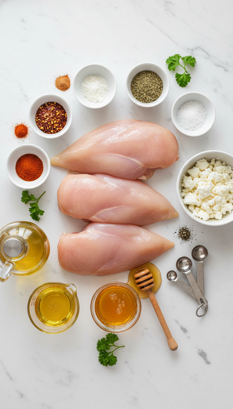 Fresh ingredients for hot honey feta chicken dish including chicken breasts, crumbled feta cheese, honey, olive oil, and aromatic spices arranged on a clean kitchen counter