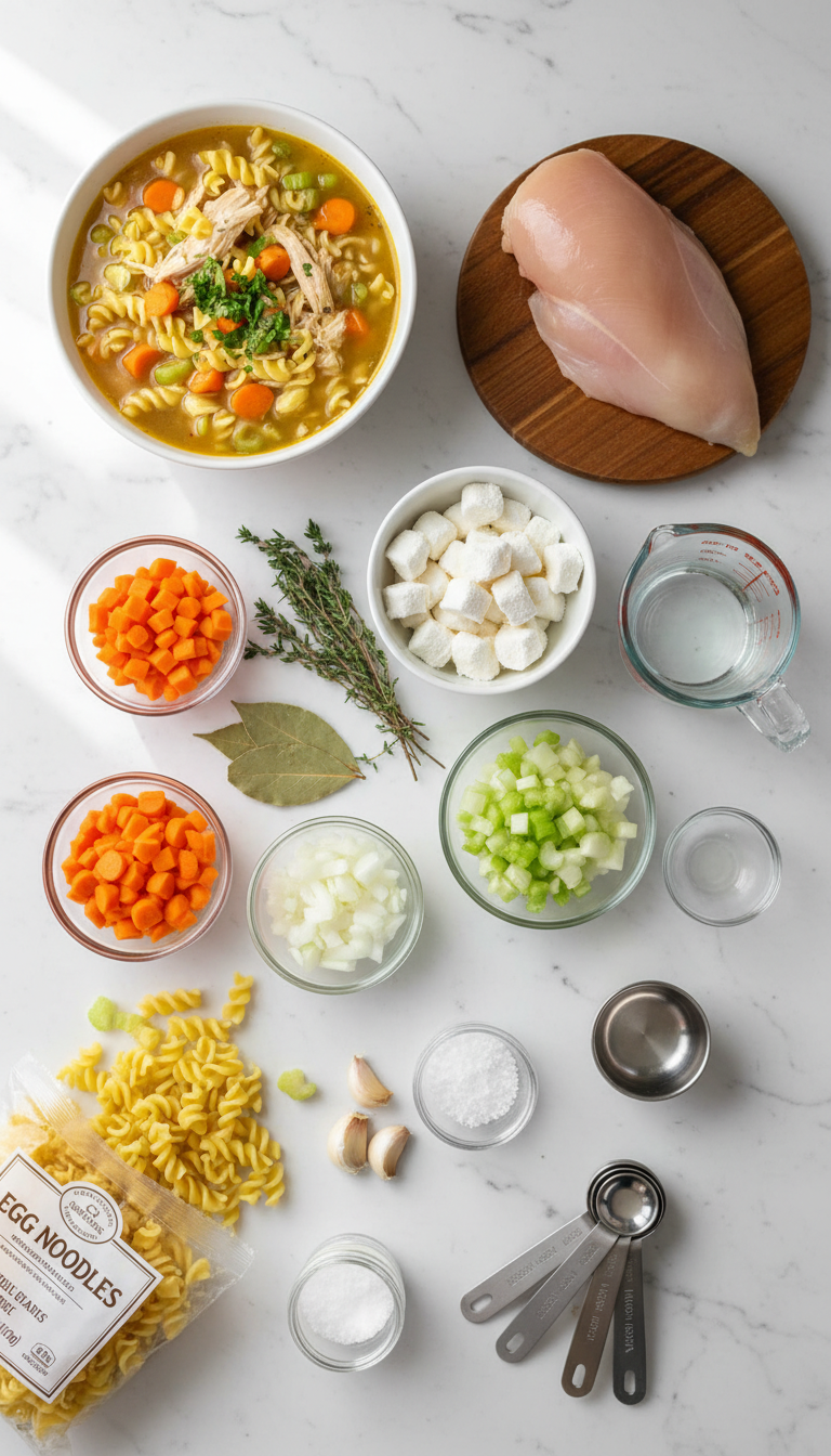 Fresh ingredients for Instant Pot Chicken Noodle Soup including carrots, celery, onion, garlic, herbs, chicken broth, chicken breasts, and egg noodles arranged on a kitchen counter