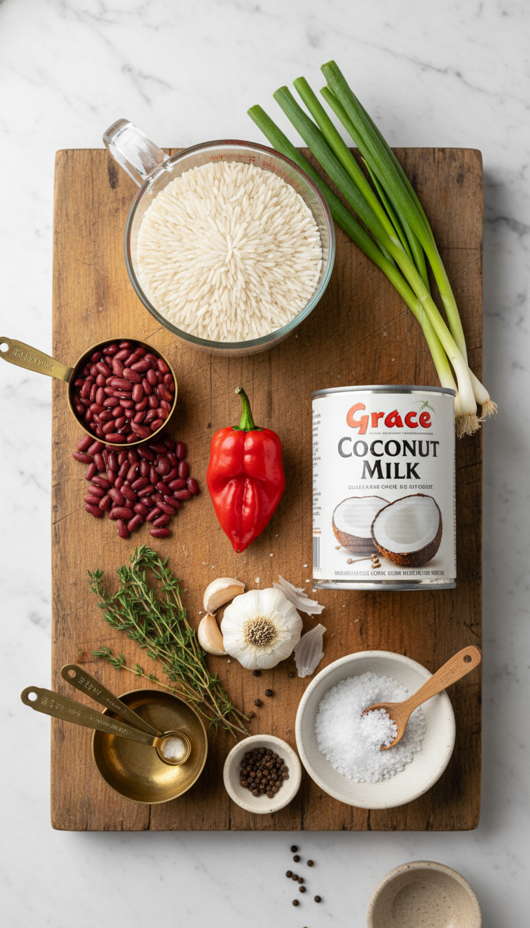 Fresh ingredients for Jamaican rice and peas including dried kidney beans, coconut milk, rice, scotch bonnet pepper, and fresh herbs arranged on a wooden cutting board