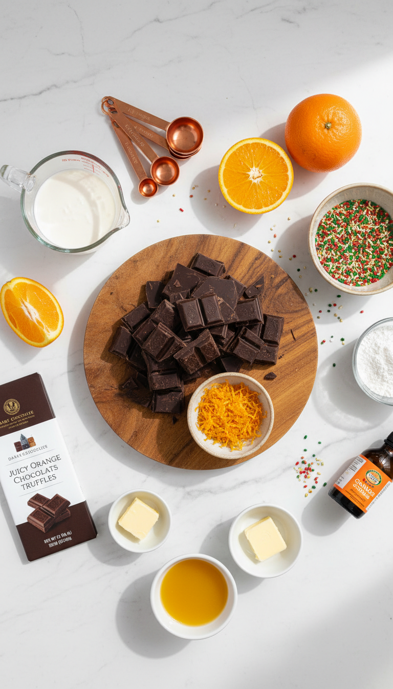 Fresh ingredients for Juicy Orange Chocolate Christmas Truffles including dark chocolate, heavy cream, orange zest, and chocolate sprinkles arranged on a marble surface