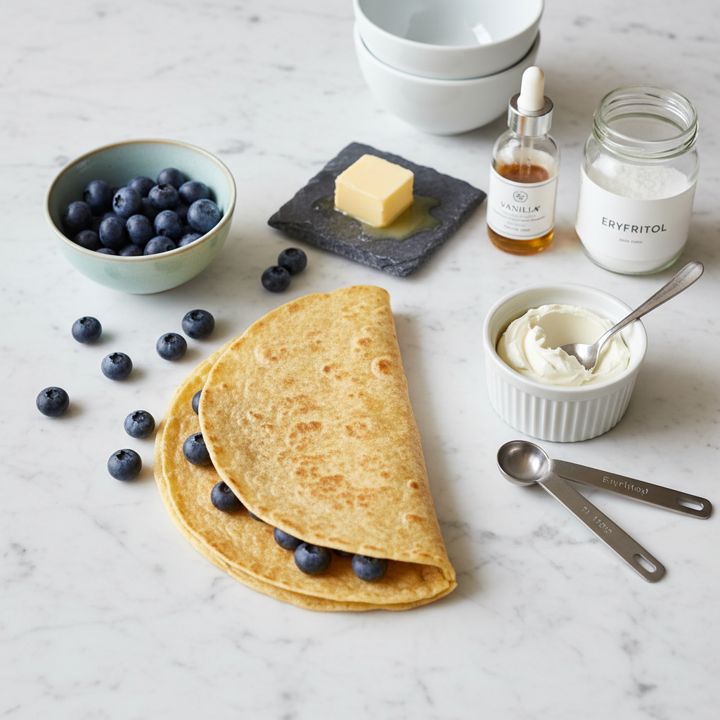 Fresh ingredients for keto blueberry breakfast quesadilla including cream cheese, blueberries, keto tortilla, vanilla extract, erythritol, and butter arranged on a clean kitchen counter