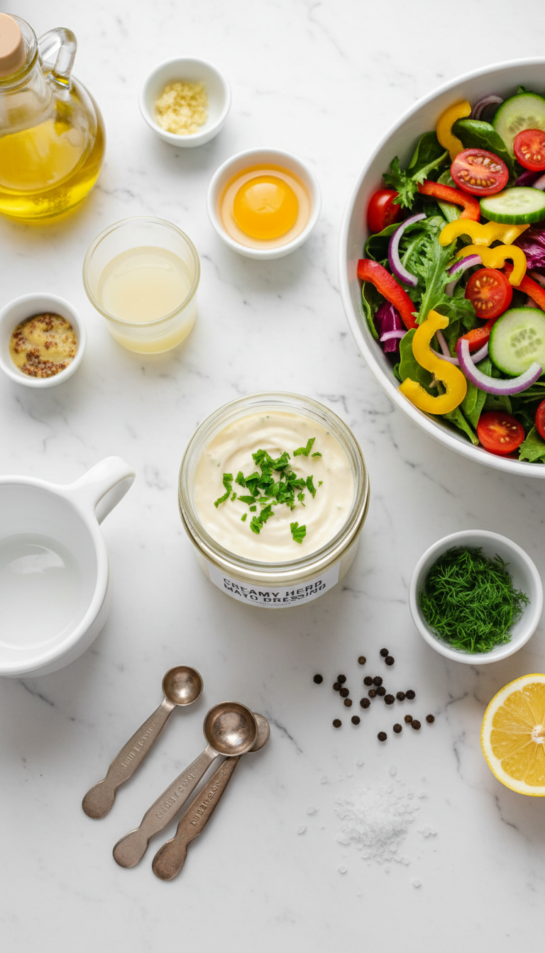 Fresh ingredients for mayonnaise salad dressing arranged on marble surface with measuring spoons