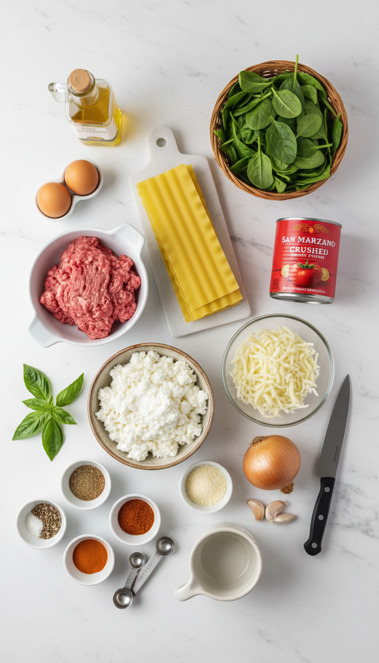 Fresh ingredients for Meaty Lasagna with Cottage Cheese arranged by color and texture including ground beef, cottage cheese, and vibrant spinach