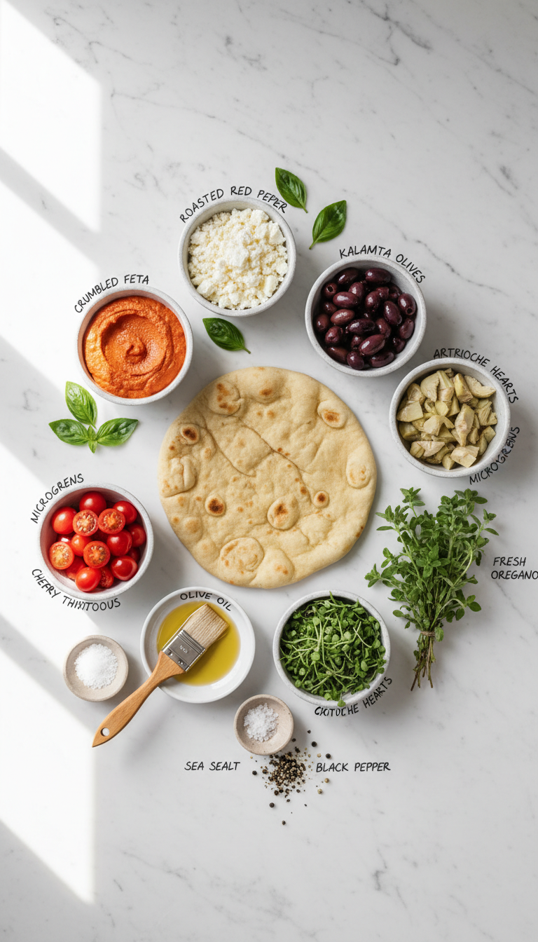 Colorful array of Mediterranean naan bread pizza ingredients arranged on rustic wooden board