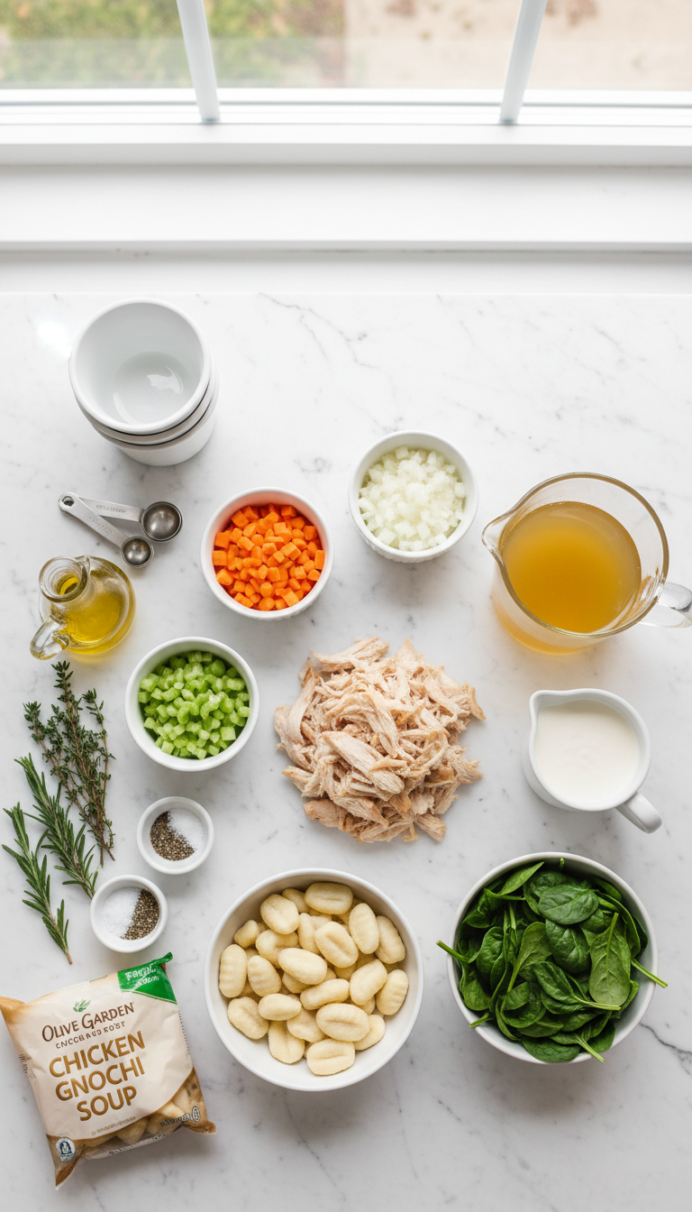 Fresh ingredients for Olive Garden Chicken Gnocchi Soup including olive oil, diced onions, carrots, celery, garlic, herbs, chicken broth, shredded chicken, gnocchi, spinach, and heavy cream arranged on a wooden cutting board