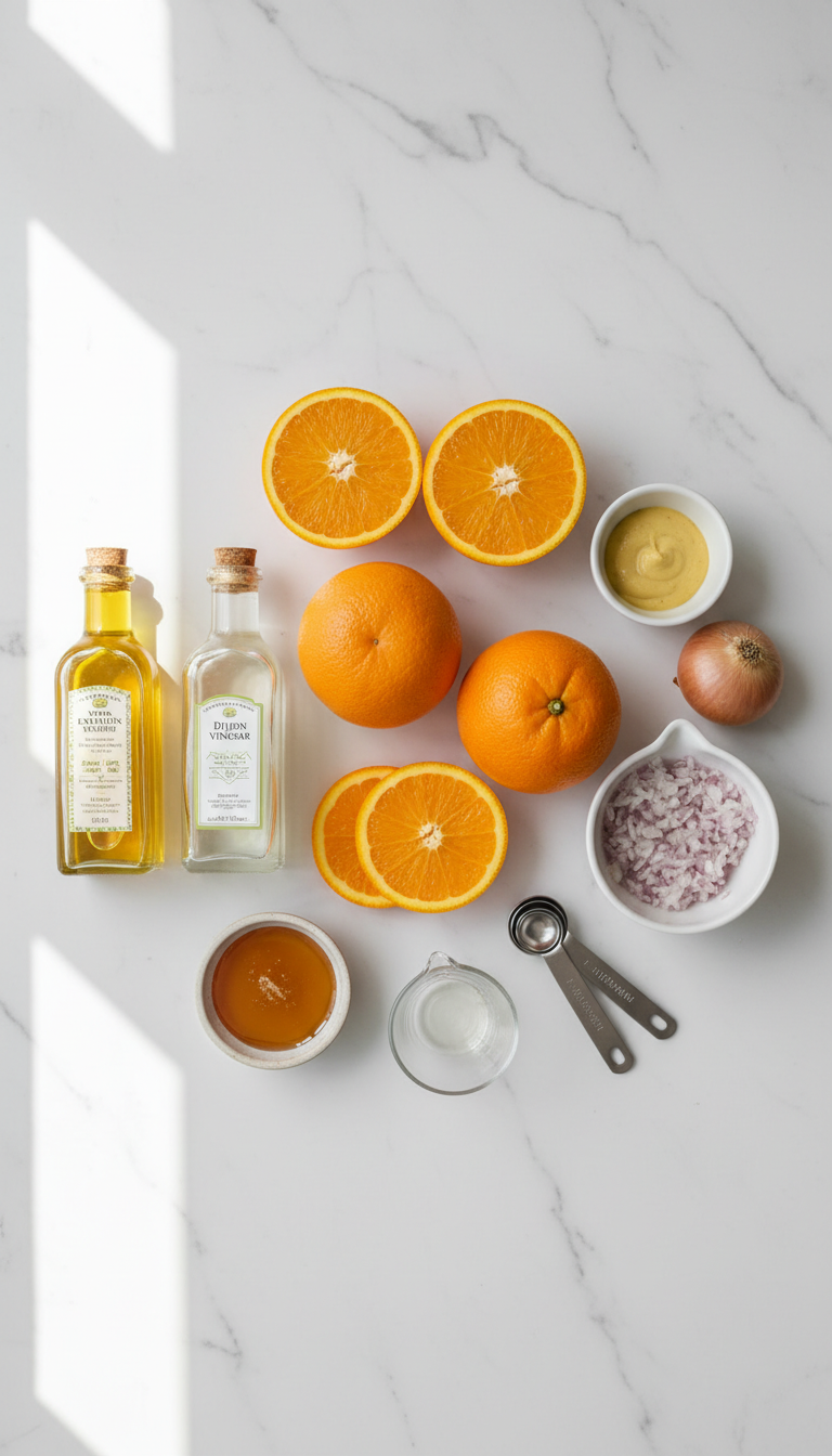 Fresh ingredients for orange vinaigrette including oranges, vinegar, honey, Dijon mustard, olive oil, and shallots arranged on a marble counter