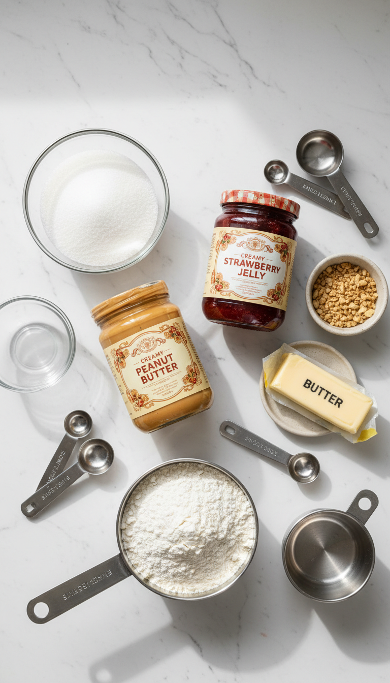 Beautifully arranged ingredients for Peanut Butter and Jelly Cookies featuring golden flour, rich peanut butter, vibrant strawberry jam, and sparkling sugar crystals on a marble surface