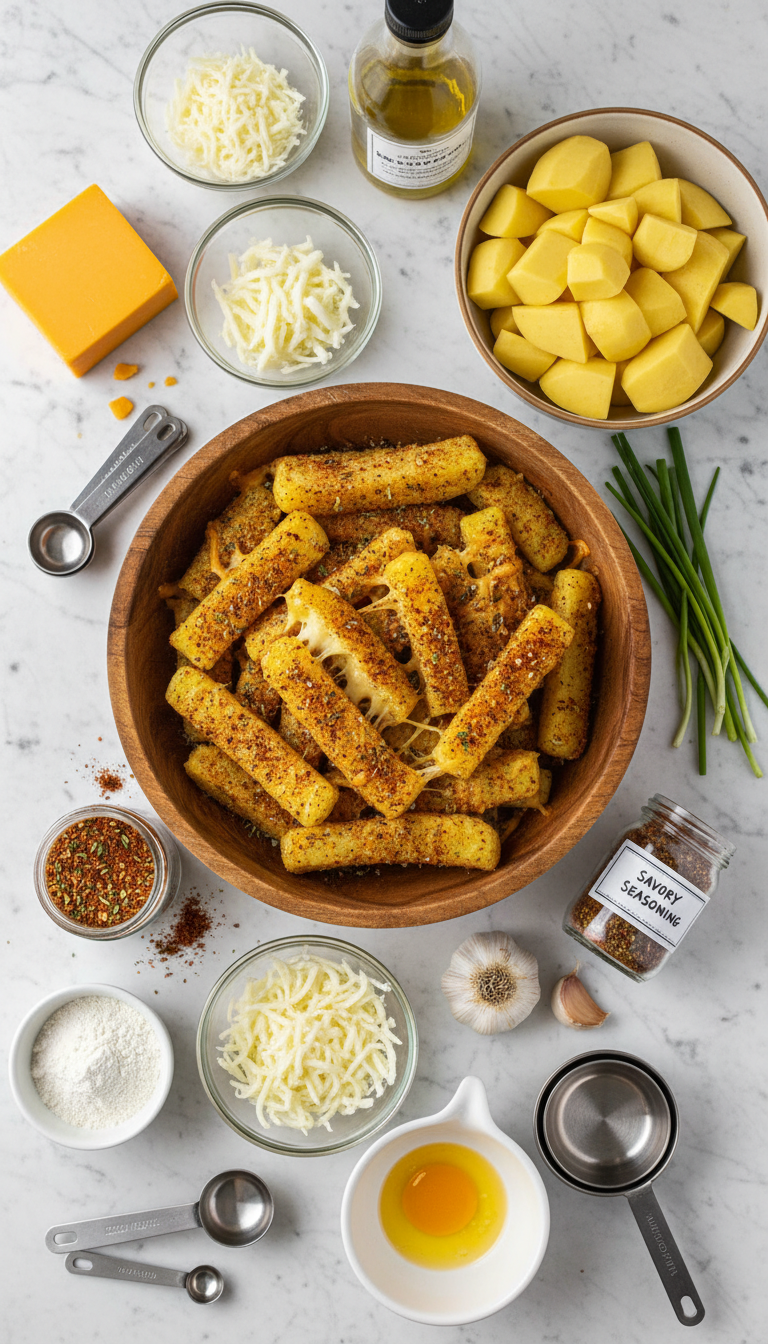 Fresh ingredients for potato cheese sticks including grated potatoes, cheddar cheese, flour, and egg arranged on a wooden cutting board