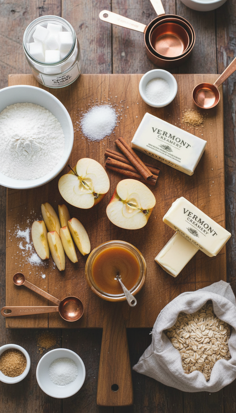 Fresh ingredients for Salted Caramel Apple Pie Bars arranged on marble surface including butter, apples, brown sugar, oats, and caramel sauce