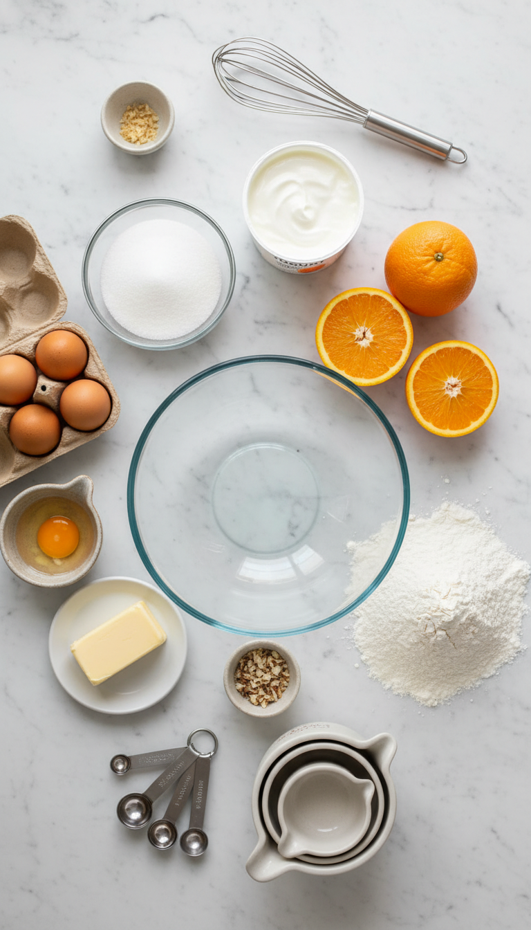 Fresh ingredients for Sicilian Whole Orange Cake including whole orange, eggs, flour, and Greek yogurt arranged on a kitchen counter