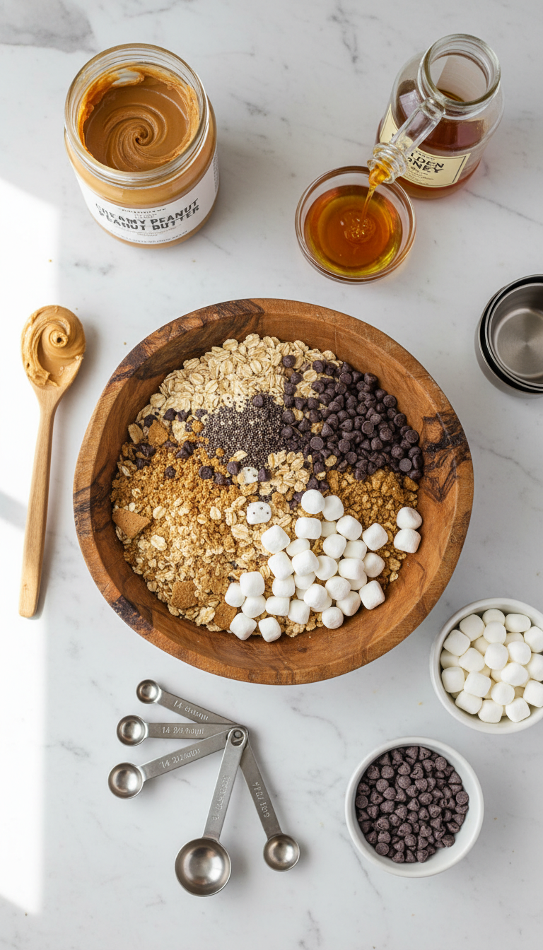 Beautifully arranged ingredients for S'mores Energy Bites including oats, graham crackers, chocolate chips, and marshmallow bits on a marble surface