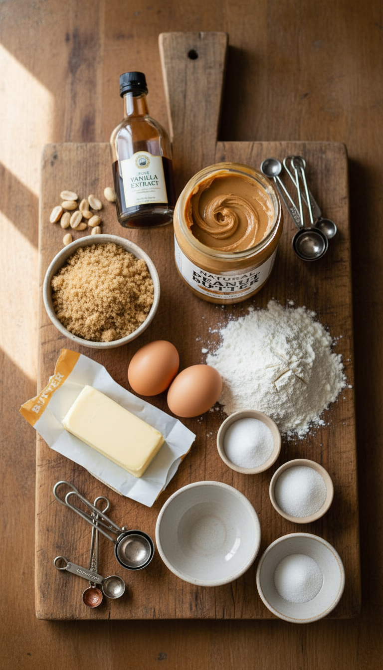 Fresh ingredients for soft chewy peanut butter cookies arranged on a marble counter including butter, brown sugar, peanut butter, eggs, flour, and roasted peanuts