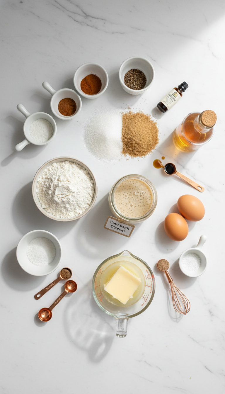 Fresh ingredients for sourdough apple cider donut quick bread including apple cider, flour, spices, and sourdough discard arranged on a marble countertop
