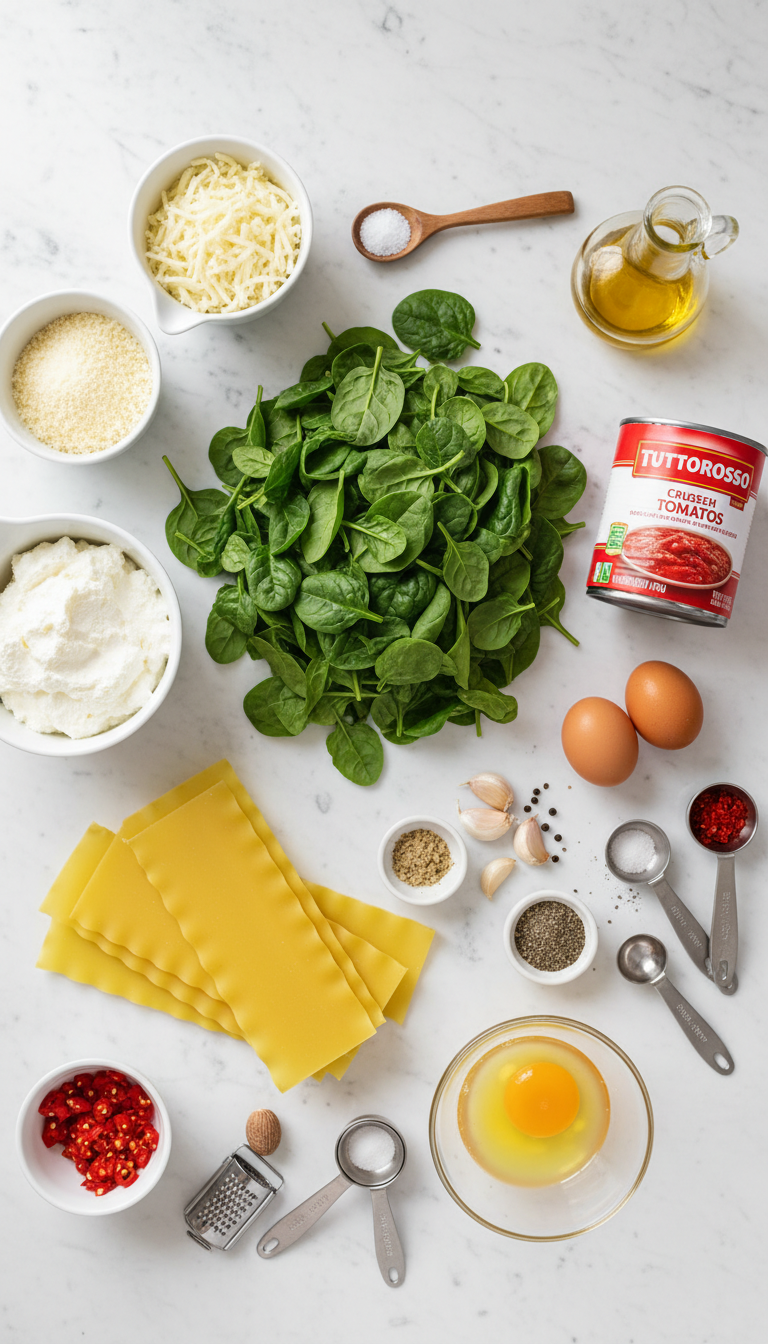 Fresh ingredients for Spinach and Cheese Lasagna Pinwheels including lasagna noodles, ricotta cheese, fresh spinach, and crushed tomatoes arranged on a kitchen counter