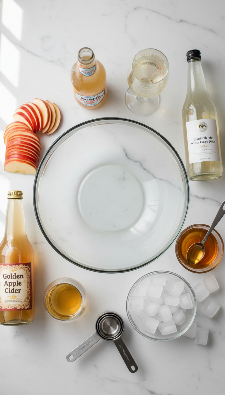 Fresh ingredients for fall punch including apple cider, ginger beer, sparkling grape juice, and sliced apples arranged on a rustic wooden table