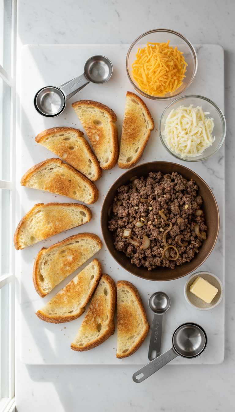 Fresh ingredients for Ultimate Cheesy Ground Beef Melt including ground beef, onions, garlic, cheddar and mozzarella cheese, and sourdough bread arranged on a wooden cutting board