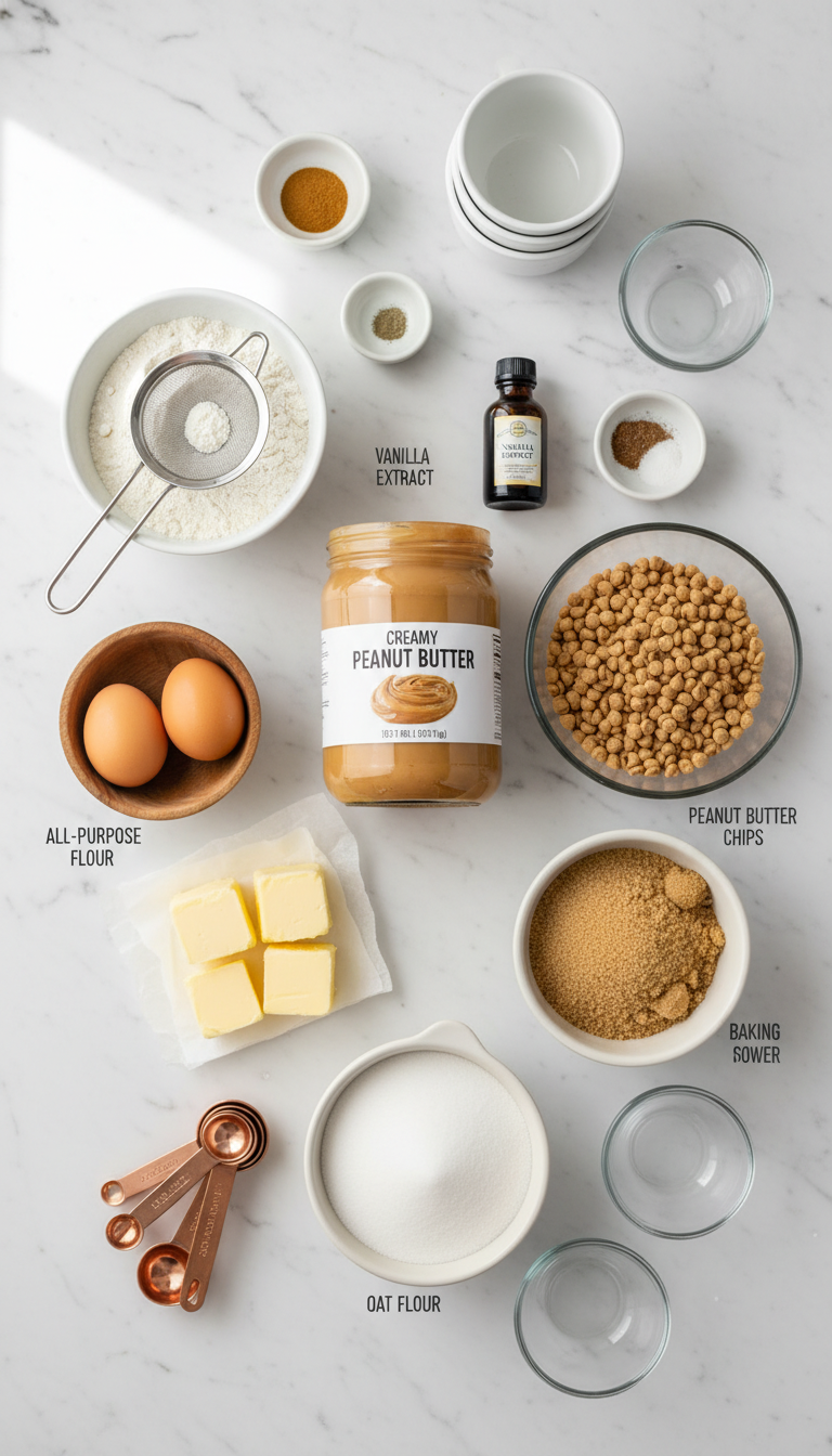 Ingredients for Ultimate Crumbl Peanut Butter Cookie Copycat arranged on marble countertop with measuring cups and spoons