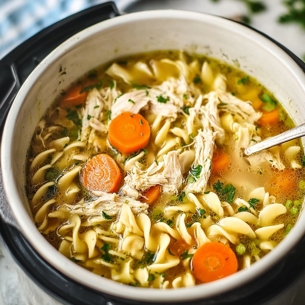 Steaming bowl of homemade Instant Pot Chicken Noodle Soup garnished with fresh parsley, showing tender chicken, perfectly cooked noodles, and colorful vegetables in a rich golden broth