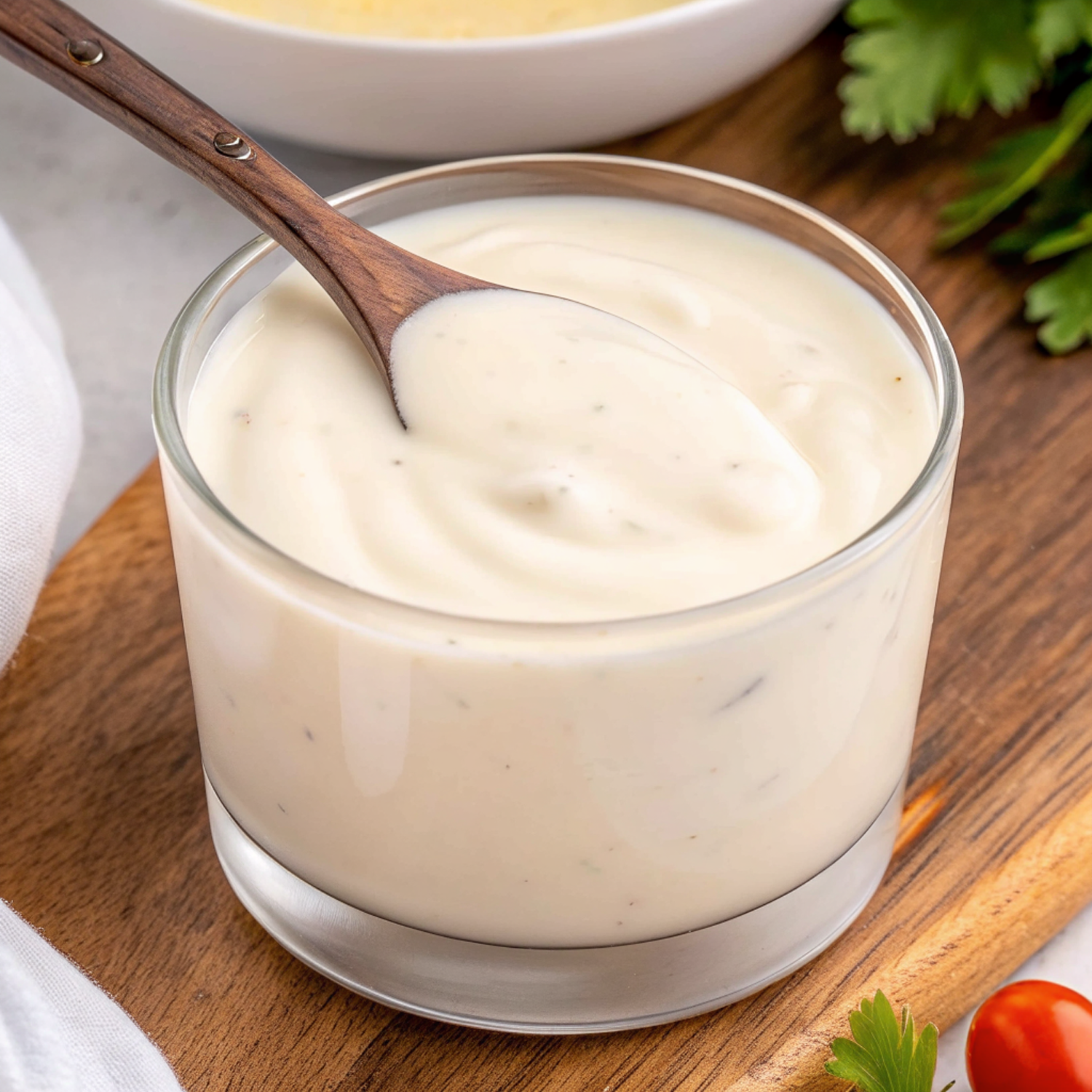 Finished mayonnaise salad dressing in glass bowl with fresh herbs and salad ingredients artfully arranged
