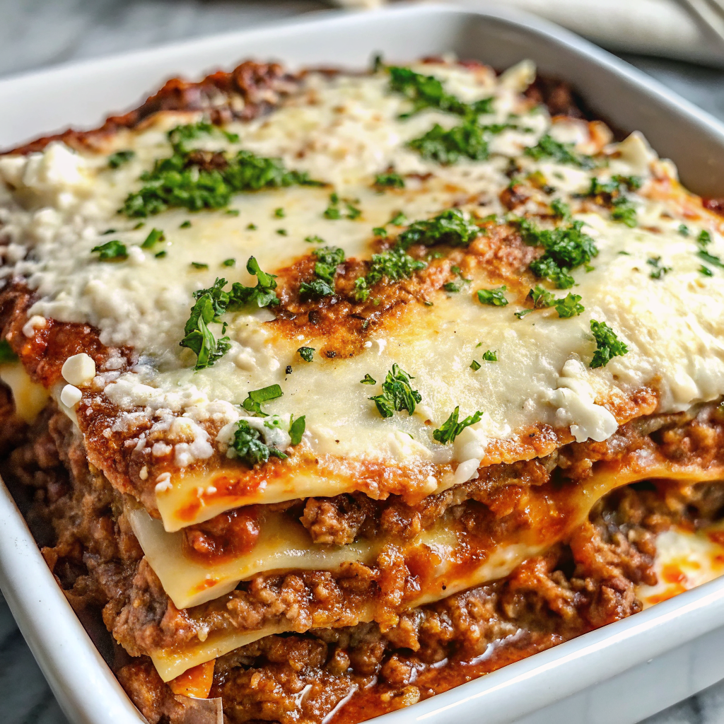 Perfectly sliced Meaty Lasagna with Cottage Cheese showing distinct layers and golden melted cheese top garnished with fresh parsley